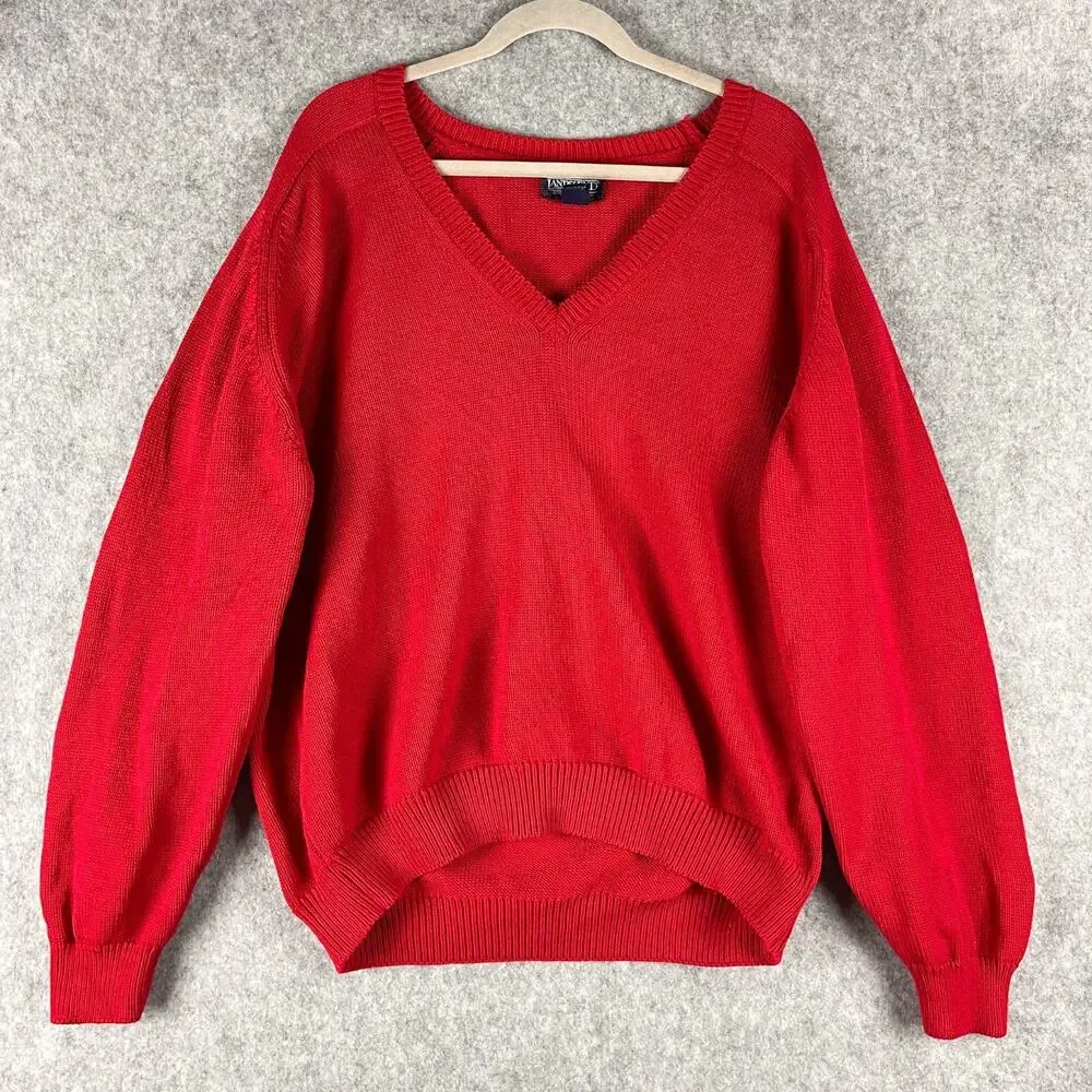 Vintage Lands End Drifter Sweater Mens XL‎ Red Knit Cotton V Neck USA Made 90s